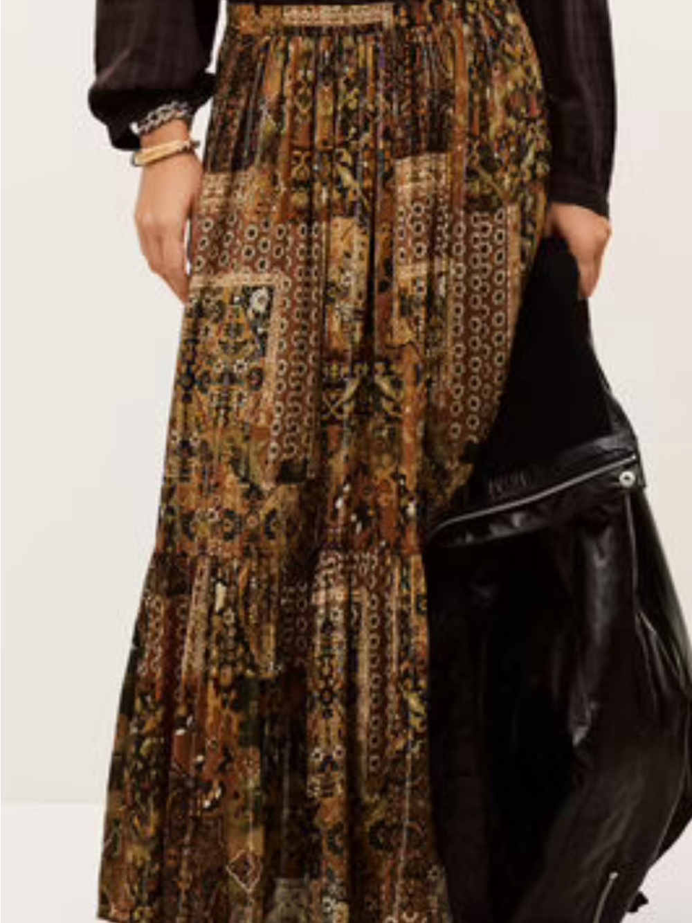 BA&SH Bohemian Patchwork Maxi Skirt in Brown and Olive